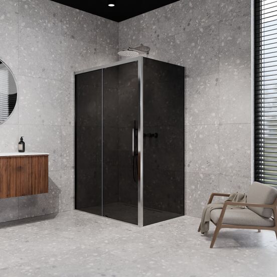Balmani Senses Design douchehoek met linkse schuifdeur en vaste zijwand, 140 x 100 cm, Rookglas, Glanzend chroom profielen