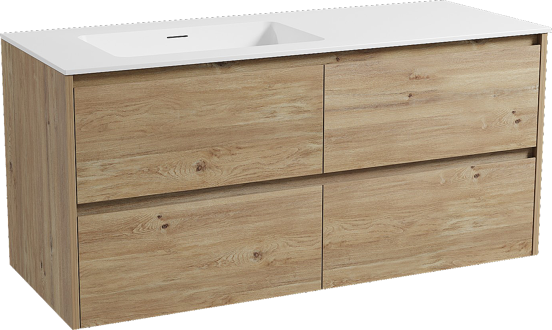 Storke Seda zwevend badkamermeubel 130 x 52 cm ruwe eik met Mata asymmetrisch linkse wastafel in solid surface mat wit
