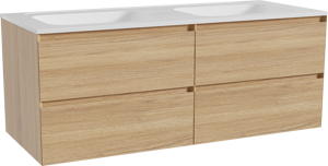 Balmani Mitra hängendes Möbelstück Set: 135 x 55 cm, Naturbelassene Eiche, mit Tablo Strada Doppelwaschtisch, Marmorkomposit Weiß glänzend