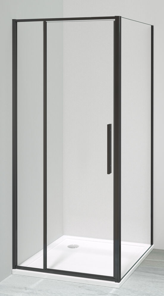 Luca Varess Morano paroi d'angle avec porte pivotante avec 2 panneaux latéraux fixes 90 x 90 cm verre transparent profil noir mat