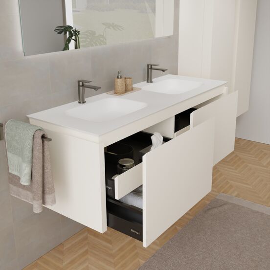 Balmani Eclips zwevend badkamermeubel 150 x 55 cm Sandbeige met Eclips dubbele wastafel in Solid Surface mat wit