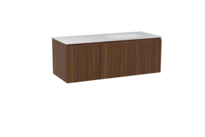 Balmani Sfera hängendes Möbelstück Set: 135 x 55 cm, Amerikanischer Nussbaum, mit Tablo Oval Waschtisch rechts, Solid Surface Weiß matt