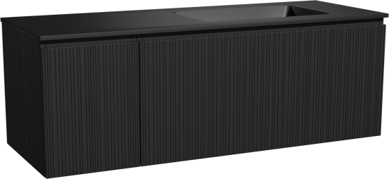Storke Ribs meuble salle de bains suspendu 140 x 52 cm chêne noir avec Scuro vasque asymétrique droite en quartz noir mat, Nervure droite asymétrique verticale