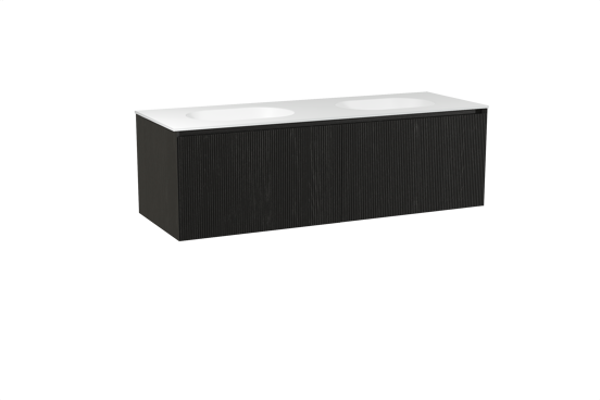 Balmani Fila hängendes Möbelstück Set: 150 x 55 cm, Schwarze Eiche, mit Tablo Oval Doppelwaschtisch, Solid Surface, Weiß matt, Vertikale symmetrische gerade Rippe