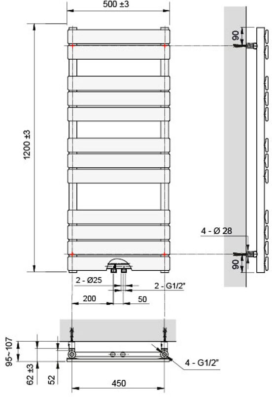 Vipera Vulcan sèche-serviettes simple 50 x 120 cm chauffage électrique noir mat raccordements latéral et central possibles 673W, résistance incluse
