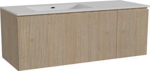 Storke Ribs zwevend badmeubel 130 x 52 cm ruw eiken met Diva asymmetrisch linkse wastafel in composietmarmer hoogglans wit, Verticale symmetrische rechte ribbel