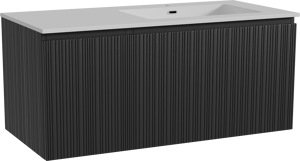 Storke Ribs zwevend badkamermeubel 110 x 52 cm zwarte eik met Diva asymmetrisch rechtse wastafel in composietmarmer glanzend wit, Verticale asymmetrische rechte ribbel