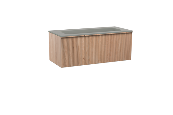 Balmani Forma zwevend badkamermeubel 120 x 55 cm natuur eik met Tablo Strada enkele wastafel voor 2 kraangaten in composietmarmer zijdegrijs, Verticale symmetrische rechte ribbel
