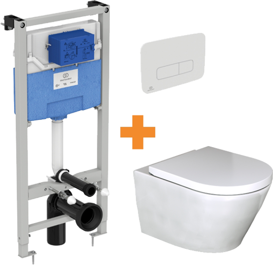 Luca Varess Calibro WC suspendu et abattant medio blanc brillant sans rebord avec bâti-support et Ideal Standard Oleas M3 blanc mat plaque de déclenchement gratuit