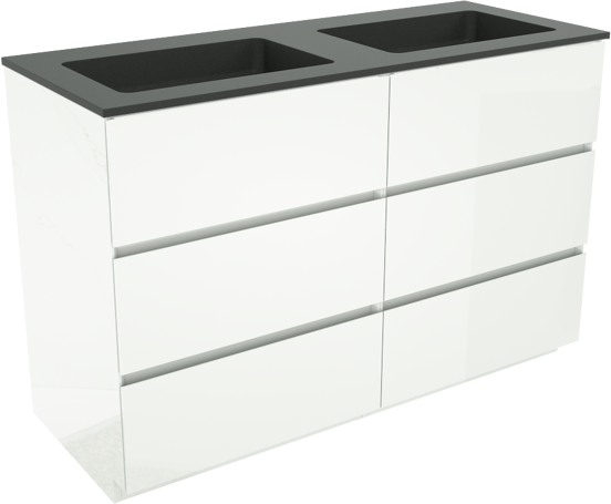 Storke Edge freistehendes Möbelstück Set: 130 x 52 cm, Weiß glänzend, mit Scuro Doppelwaschtisch, Quarz Schwarz matt