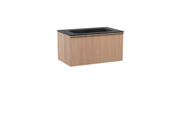 Balmani Forma zwevend badkamermeubel 90 x 55 cm natuur eik met Tablo Strada enkele wastafel in composietmarmer mat zwart, Verticale symmetrische rechte ribbel