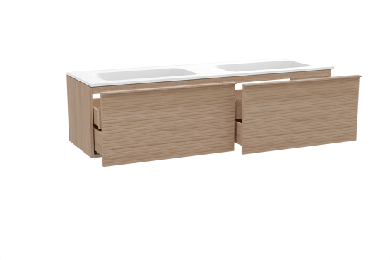 Balmani Forma zwevend badkamermeubel 180 x 55 cm natuur eik met Tablo Strada dubbele wastafel in composietmarmer mat wit, Horizontale symmetrische rechte ribbel