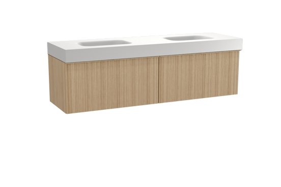 Balmani Forma zwevend badkamermeubel 180 x 55 cm natuur eik met Arcato dubbele wastafel in solid surface mat wit, Verticale asymmetrische ronde ribbel