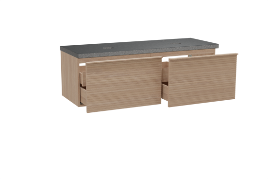 Balmani Forma zwevend badkamermeubel 150 x 55 cm natuur eik met Rock dubbel tablet in graniet zwart, Horizontale symmetrische rechte ribbel