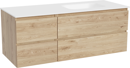 Balmani Lucida meuble salle de bains suspendu 135 x 55 cm chêne brut avec Tablo Arcato vasque asymétrique droite en solid surface blanc mat