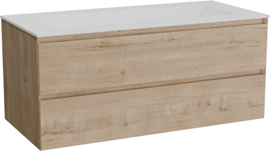 Balmani Mitra hängendes Möbelstück Set: 120 x 55 cm, Rohe Eiche, mit Tablo Stretto Einzelwaschtisch für 2 Armaturenlöcher, Solid Surface Weiß matt