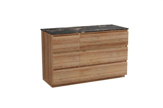 Balmani Lucida staand badkamermeubel 135 x 55 cm teak met Stretto enkel of dubbel tablet in marmer portoro gold
