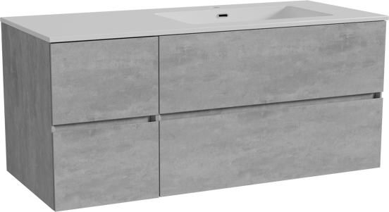 Storke Edge meuble salle de bains suspendu 120 x 52 cm béton gris foncé avec Diva plan vasque asymétrique à droite en marbre composite blanc brillant