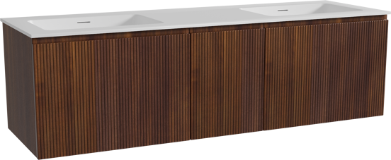 Storke Ribs zwevend badmeubel 165 x 52 cm notenhout met Mata dubbele wastafel in solid surface mat wit, Verticale symmetrische rechte ribbel