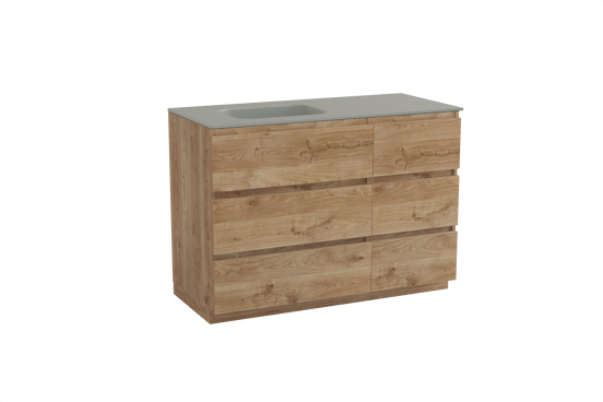Balmani Lucida meuble salle de bains à poser 120 x 55 cm chêne brut avec Tablo Arcato plan vasque asymétrique à gauche en solid surface gris pierre