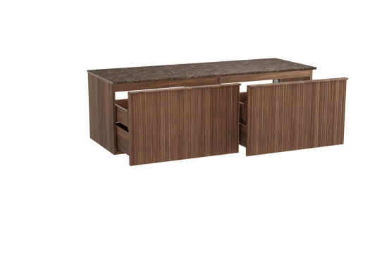 Balmani Forma meuble salle de bains suspendu 150 x 55 cm noyer américain avec Stretto tablette simple ou double en marbre dark emperador, Nervure circulaire asymétrique verticale