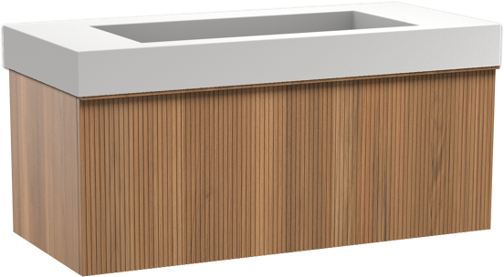 Balmani Forma zwevend badkamermeubel 120 x 55 cm teak met Modus enkele wastafel voor 2 kraangaten in solid surface mat wit, Verticale symmetrische rechte ribbel