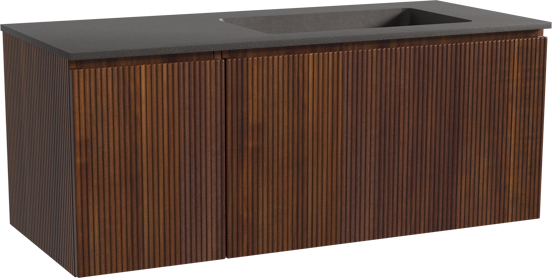 Storke Ribs zwevend badmeubel 120 x 52 cm notenhout met Scuro asymmetrisch rechtse wastafel in kwarts mat zwart, Verticale symmetrische rechte ribbel