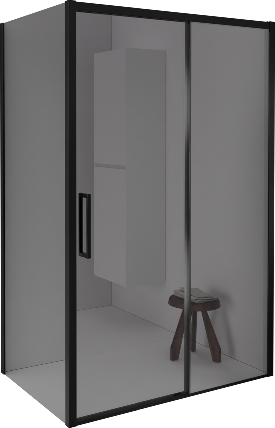 Balmani Senses Design douche en coin avec porte coulissante à droite et paroi latérale fixe, 140 x 80 cm, Miroir Reflex, Profil Noir mat