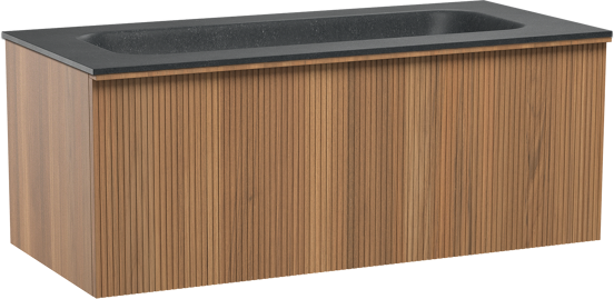 Balmani Forma zwevend badkamermeubel 120 x 55 cm teak met Tablo Arcato enkele wastafel voor 2 kraangaten in graniet zwart, Verticale symmetrische rechte ribbel