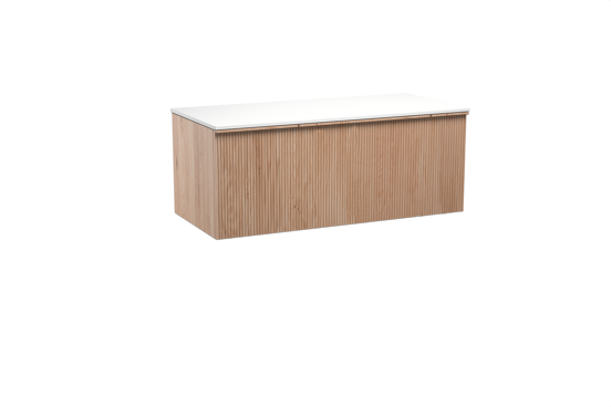 Balmani Forma hängendes Möbelstück Set: 120 x 55 cm, Naturbelassene Eiche, mit Stretto Einzel- oder Doppel Waschtischplatte, Solid Surface, Weiß matt, Vertikale symmetrische gerade Rippe