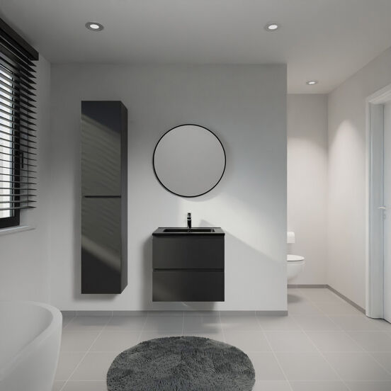 Linie Lado meuble salle de bains suspendu 60 x 46 cm noir mat avec Vano plan simple en marbre composite noir mat