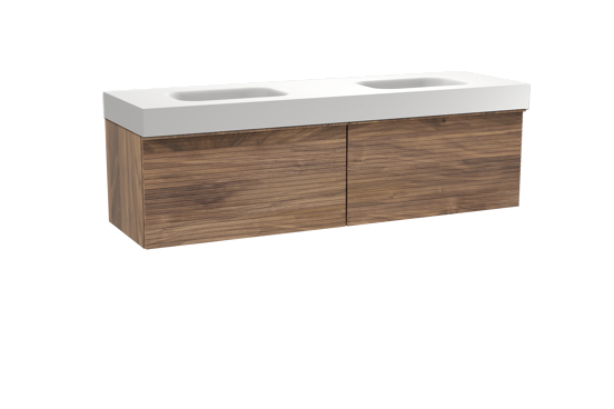 Balmani Forma zwevend badkamermeubel 180 x 55 cm amerikaanse notelaar met Arcato dubbele wastafel in solid surface mat wit, Horizontale symmetrische rechte ribbel