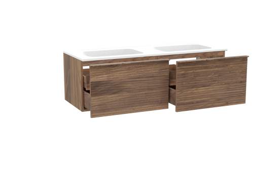 Balmani Forma zwevend badkamermeubel 150 x 55 cm amerikaanse notelaar met Tablo Strada dubbele wastafel in composietmarmer mat wit, Horizontale symmetrische rechte ribbel