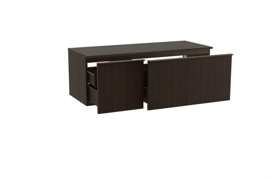 Balmani Forma zwevend badkamermeubel 135 x 55 cm gerookte eik met Sfera enkel of dubbel tablet in melamine eucalyptus, Verticale symmetrische rechte ribbel