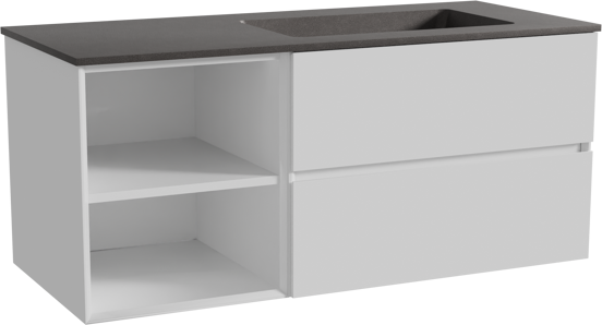 Storke Edge zwevend badmeubel 120 x 52 cm hoogglans wit met Scuro asymmetrisch rechtse wastafel in kwarts mat zwart