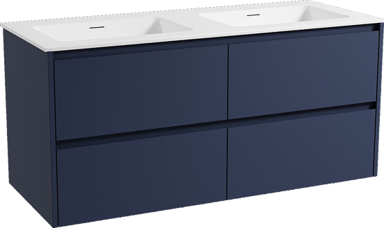 Storke Seda zwevend badmeubel 130 x 52 cm nachtblauw met Mata dubbele wastafel in solid surface mat wit