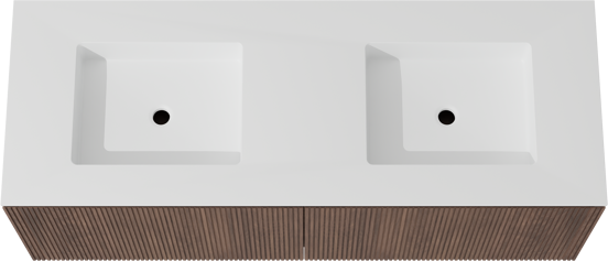 Balmani Eclips hängendes Möbelstück Set: 150 x 55 cm, Amerikanischer Nussbaum, mit Tablo Stretto Doppelwaschtisch Solid Surface Weiβ matt, Vertikale symmetrische gerade Rippe