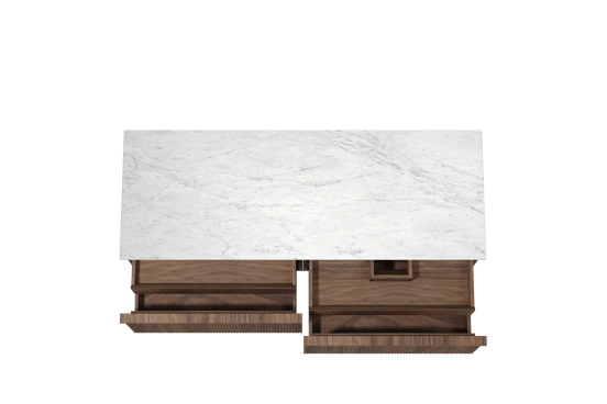 Balmani Forma hängendes Möbelstück Set: 150 x 55 cm, Amerikanischer Nussbaum, mit Stretto Einzel- oder Doppel Waschtischplatte, Marmor, Carrara, Vertikale symmetrische gerade Rippe