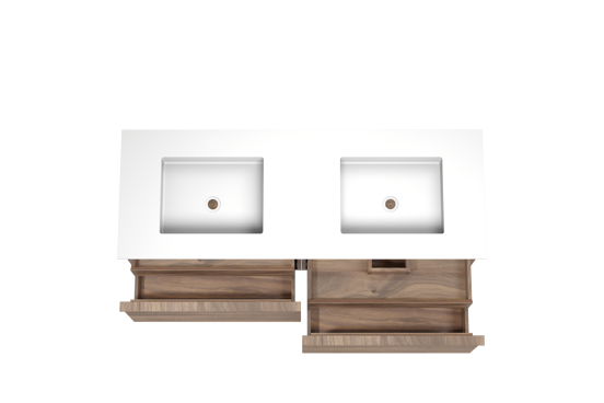 Balmani Forma zwevend badkamermeubel 150 x 55 cm amerikaanse notelaar met Tablo Stretto dubbele wastafel in solid surface mat wit, Horizontale symmetrische rechte ribbel