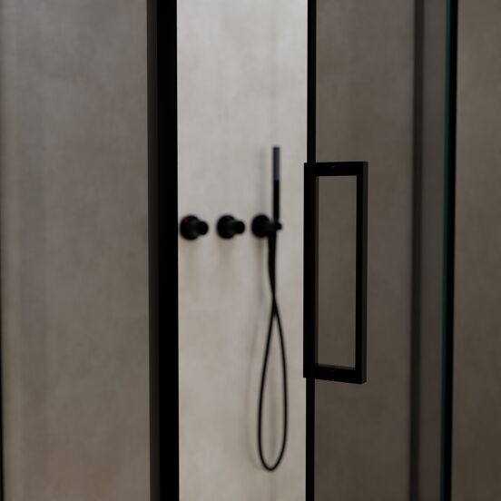 Balmani Senses Design douche en coin avec porte pivotante à droite et paroi latérale fixe, 100 x 90 cm, Miroir Reflex, Profil noir, coating inclus