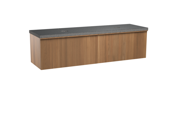Balmani Forma hängendes Möbelstück Set: 180 x 55 cm, Teak, mit Rock Doppel Waschtischplatte, Granit, Schwarzes Granit, Vertikale symmetrische gerade Rippe