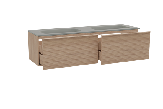 Balmani Forma zwevend badkamermeubel 180 x 55 cm natuur eik met Tablo Strada dubbele wastafel in composietmarmer zijdegrijs, Horizontale symmetrische rechte ribbel