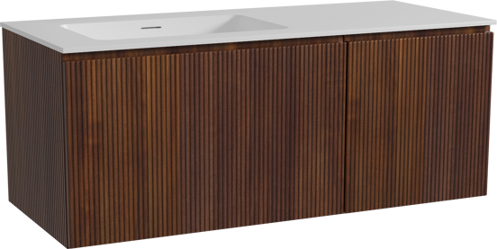 Storke Ribs zwevend badmeubel 120 x 52 cm notenhout met Mata asymmetrisch linkse wastafel in solid surface mat wit, Verticale symmetrische rechte ribbel
