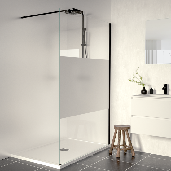 Linie Walk-In Walk-In Dusche: 120 x 200 cm, Klarglas mit satiniertem Streifen, Schwarzes Profil, matt