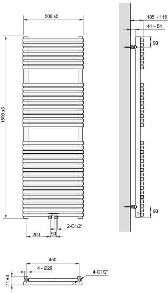 Vipera Vesuvio einzel Handtuchheizkörper 50 x 150 cm elektrische Heizung schwarz matt Seiten- und Mittelanschluss 1.044W, inkl. Widerstand, nicht für Deutschland geeignet