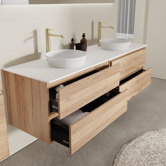 Balmani Lucida meuble salle de bains suspendu 180 x 55 cm teck avec Stretto tablette simple ou double en solid surface blanc mat