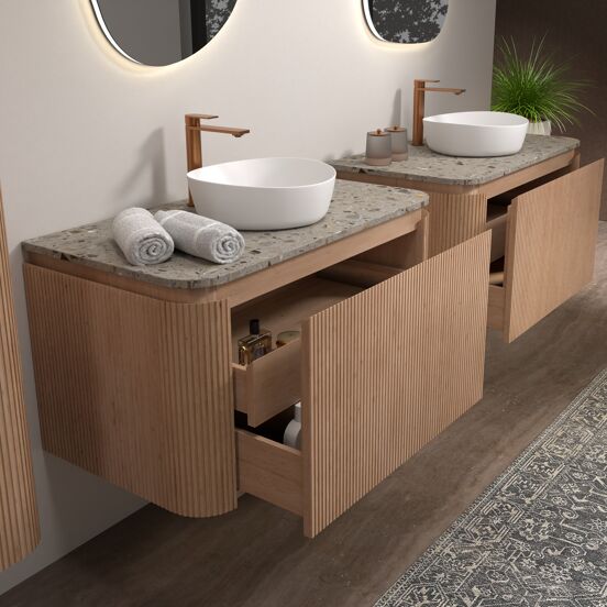 Balmani Moon zwevend badkamermeubel 100 x 55 cm natuur eik met Moon enkel tablet in terrazzo greige terrazzo, Verticale symmetrische rechte ribbel