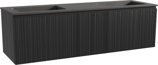 Storke Ribs zwevend badmeubel 165 x 52 cm zwart eiken met Scuro dubbele wastafel in kwarts mat zwart, Verticale asymmetrische rechte ribbel