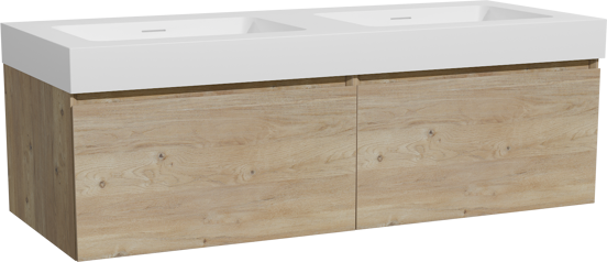Storke Edge zwevend badmeubel 130 x 52 cm ruw eiken met Mata High dubbele wastafel in solid surface mat wit