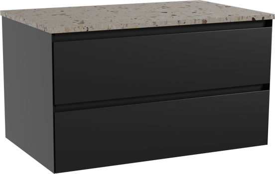 Balmani Mitra zwevend badkamermeubel 90 x 55 cm mat zwart met Stretto enkel tablet in terrazzo greige terrazzo